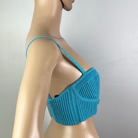 NEW RETROFETE BLUE METALLIC RIBBED CROP TOP - Picture 5 of 9